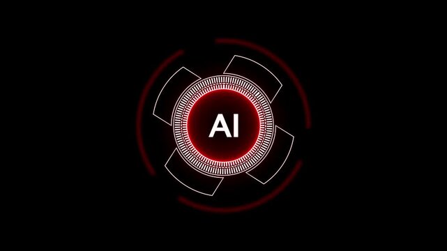 Futuristic glowing red AI digital interface with concentric rings and segmented outer frame on a dark background representing artificial intelligence technology and innovation
