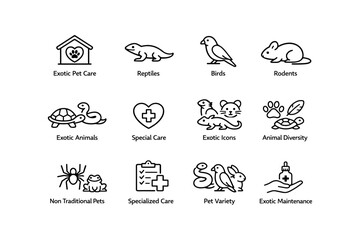 Obraz premium Exotic pet icons: reptiles, birds, rodents, and specialized care symbols