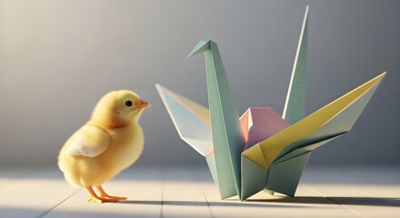 Fototapeta premium A tiny, fluffy yellow chick with bright eyes curiously observes a delicate, folded origami crane, hinting at themes of new beginnings and simple wonders