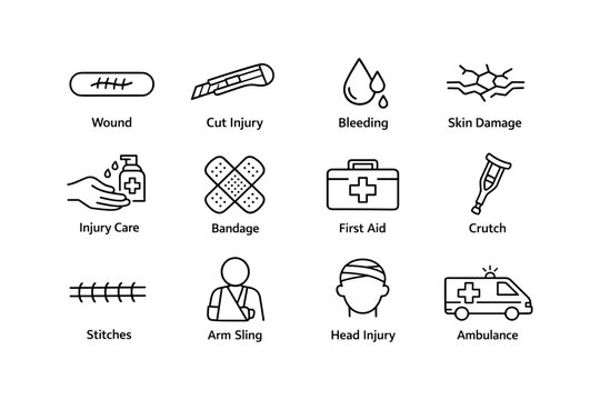 Injury and first aid symbols: wound, bandage, ambulance, crutch, bleeding icons