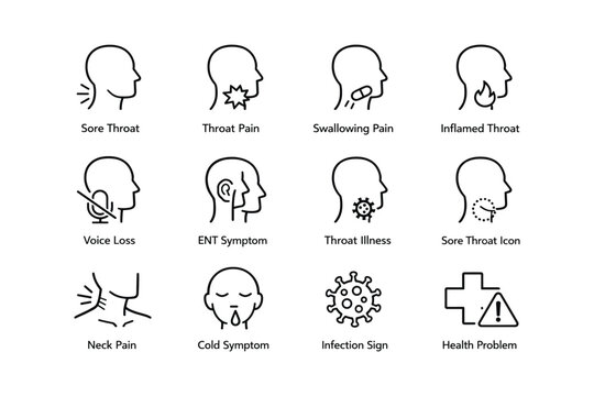 Throat and health symptom icons: sore, pain, infection, cold, health problem symbols