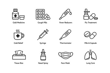 Fototapeta premium Medical icons: cold medicine, thermometer, face mask, syringe, lung care illustrations