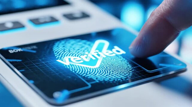 A close-up of a finger pressing a glowing blue fingerprint on a futuristic device