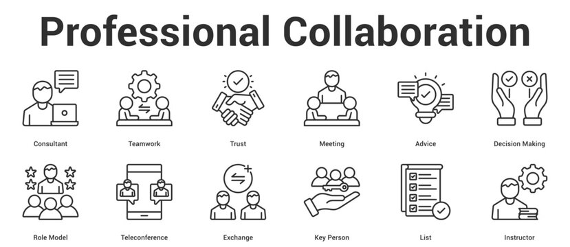 Professional Collaboration icon set collection editable vector illustration concept for business with icon of Consultant, Teamwork, Trust, Meeting, Advice, Decision Making, Role Model, Teleconferenc.