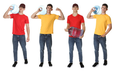 Obraz premium Delivery worker with water cooler bottle. Collage of portraits on white background