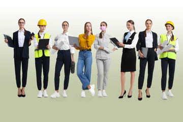 Obraz premium Choice of profession. Same woman representing different occupations. Collage of portraits on sage gradient background