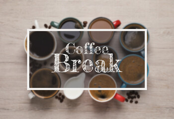 Coffee break time. Hot aromatic beverages in cups on wooden table, top view