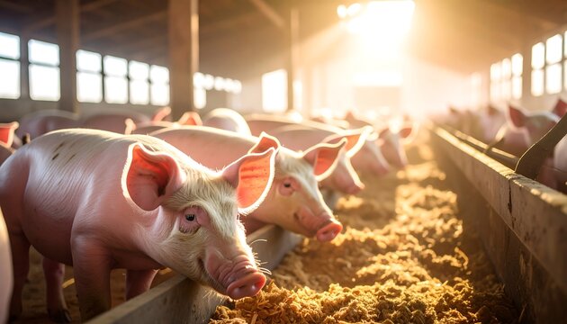 Pigs in a bright barn, bathed in sunlight, eating from a trough