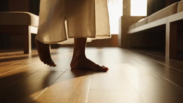 Bare feet on wooden floor in sunlit room, wellness concept