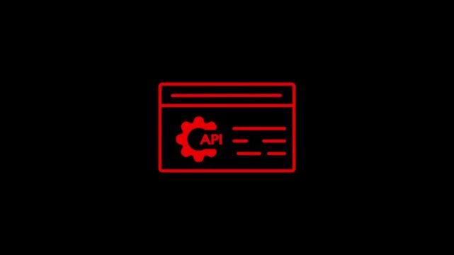 Red outline of a browser window with a gear and API text inside, set against a solid black background symbolizing web services and development