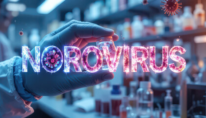 Norovirus research concept with gloved hand and laboratory samples, infectious disease study and biotechnology analysis in medical laboratory
