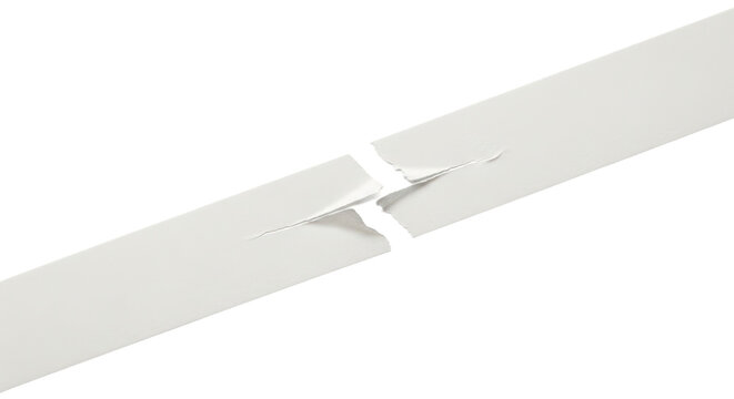 Blank split tape strip mockup, lengthwise crack, diagonal layout, separated strip, isolated on white background,