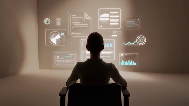 A seated back-view silhouette interacts with floating AR workspace tools in a neutral interior.