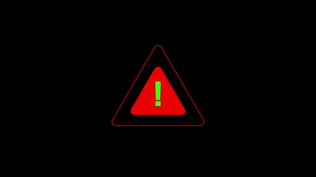 Red triangle warning sign with a green exclamation mark inside on a solid black background indicating a status or alert in a digital interface. Keywords: warning, alert, danger, sign, symbol