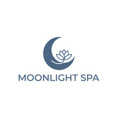 Obraz premium Elegant crescent moon and lotus flower line art icon for wellness center, yoga studio or luxury beauty salon branding named Moonlight Spa
