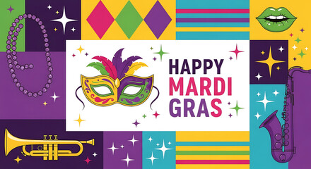 Obraz premium Colorful Mardi Gras celebration with mask and musical instruments purple green desig