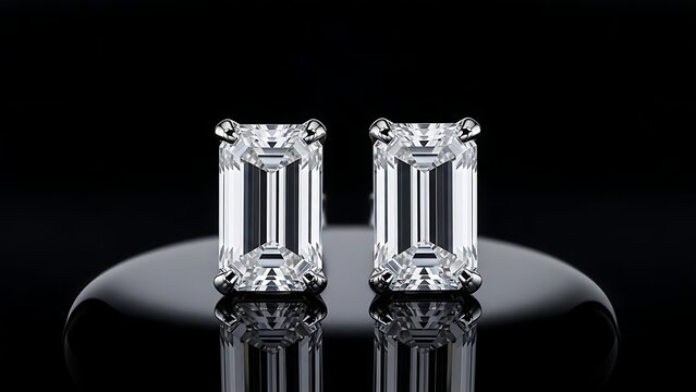 A pair of elegant emerald cut diamond earrings on a sleek black reflective surface with dark background