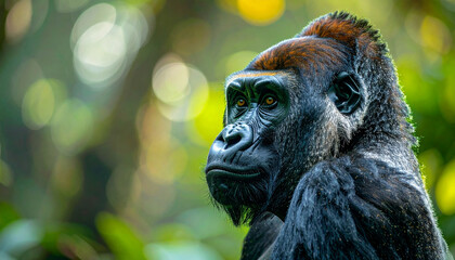 Obraz premium Gorilla portrait in lush green forest, close-up shot, wildlife scene captured in natural habitat