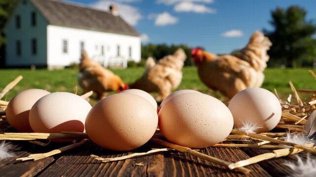 Farm Fresh Eggs on Rustic Wood with Chickens and White House in Background Sunny Day