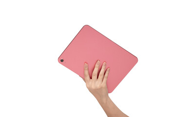Close up of female hand holding a pink or magenta digital tablet showing back design and camera lens isolated on white background. Concept for modern mobile device, tech fashion, and electronic produc © Somphop