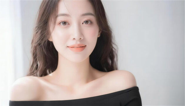 黒いオフショルダーを着て微笑む若い女性のバストアップ