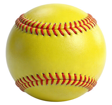 Close-up of a yellow softball with red stitching, a key piece of sports equipment for baseball and softball games, ideal for recreational and competitive activities.