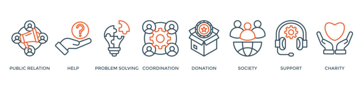 Volunteer banner web icon vector illustration concept with icon of public relations, help, problem-solving, coordination, donation, society, support, charity