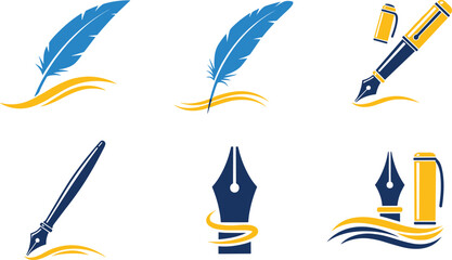 Writing tools logo set with feather quill and fountain pen icons, creative signature design elements, calligraphy branding collection © Itz Marjia