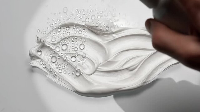 Close Up Of White Slime Being Played With By Hands On A White Surface Under Studio Lighting