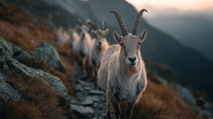Obraz premium Wild Markhor Herd on Steep Mountain Trail, Atmospheric Nature and Wildlife Scene