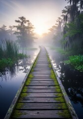 Eerie wooden boardwalk stretching over dark swamp water covered in thick morning mist, surrounded by dense, lush marsh vegetation, scenery, haze, Swamp