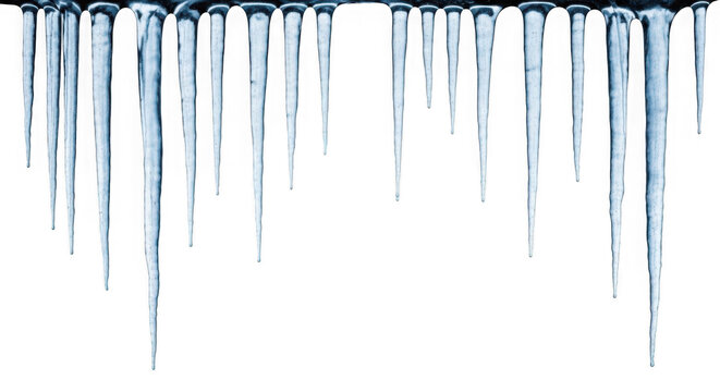 Row of blue icicles hanging isolated on transparent background