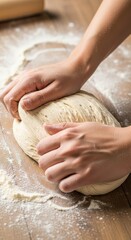 Working hands pressing elastic bread dough onto a rustic kitchen counter dusted with flour, preparation for baking, pressing, texture, yeast
