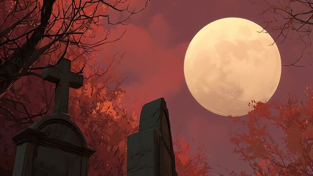 Eerie Crow Silhouette in Cemetery Under a Giant Full Moon Halloween Theme
