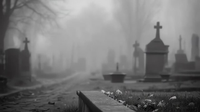 Lone Black Raven Cawing and Taking Flight in Eerie Foggy Graveyard