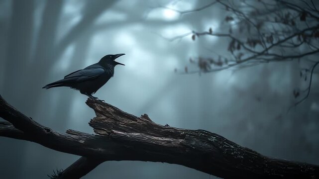 Dark Crow Cawing in Foggy Spooky Night Forest on Dead Branch