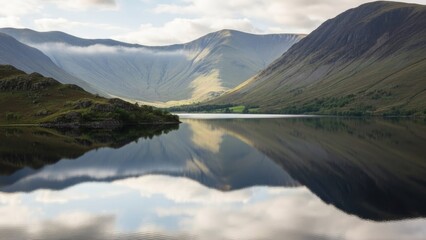 Obraz premium A serene lake surrounded by majestic mountains and reflected clouds