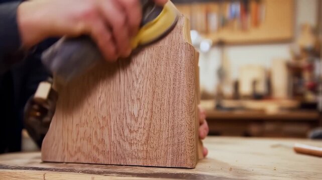 Close-up of a woodworker smoothing a piece of light-brown wood with a hand tool in a workshop