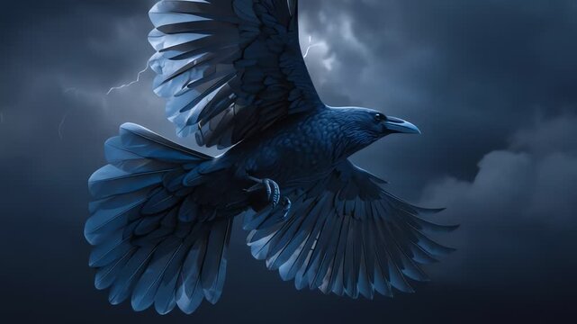 Dramatic Raven Flying Through Stormy Night Sky
