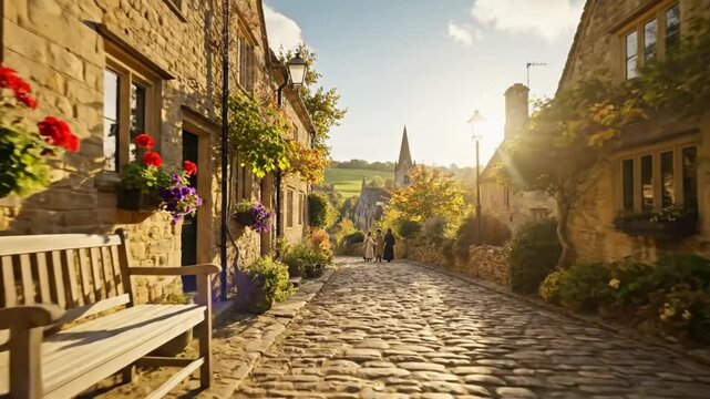Cobblestone street in Castle Combe, offering a picturesque view of rural English village life during golden hour