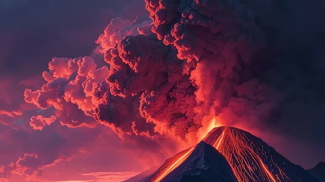 Dramatic Volcano Eruption Spewing Ash and Lava at Sunset