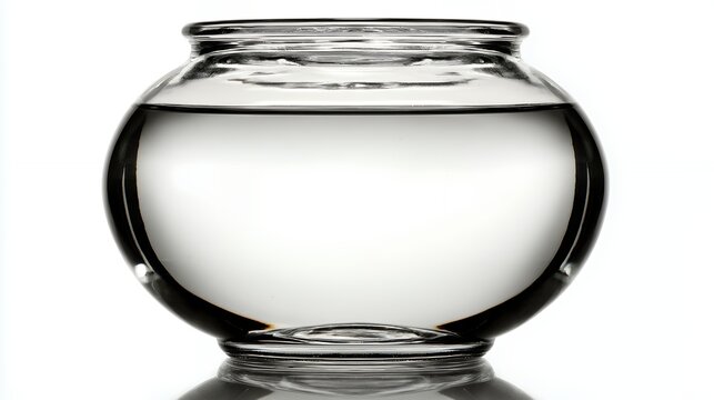 A simple empty glass fishbowl filled with clear water