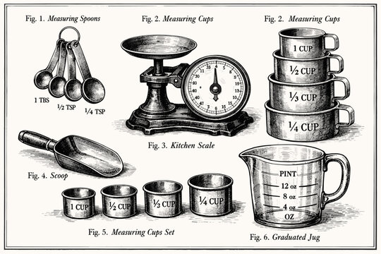 Vintage kitchen measuring tools: spoons, cups, scale, scoop, jug