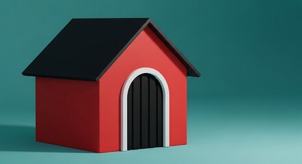 3D rendered red doghouse with black roof and door against a teal backdrop