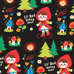 Fototapeta premium Cute Little Red Riding Hood Forest Adventure Seamless Pattern