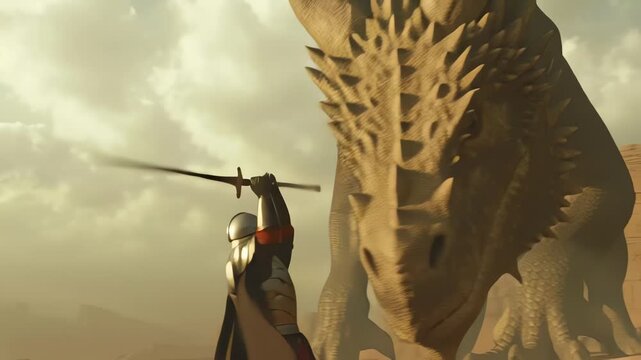 Warrior Faces Massive Dragon in Epic Desert Scene