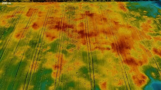 Precision agriculture drone mapping revealing crop health variations across an expansive field with vibrant thermal or NDVI data overlay, optimizing farm management and yield analysis