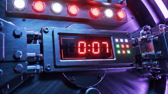 A close-up of an industrial control panel with a digital timer displaying 0005, surrounded by red and white lights on a metallic background
