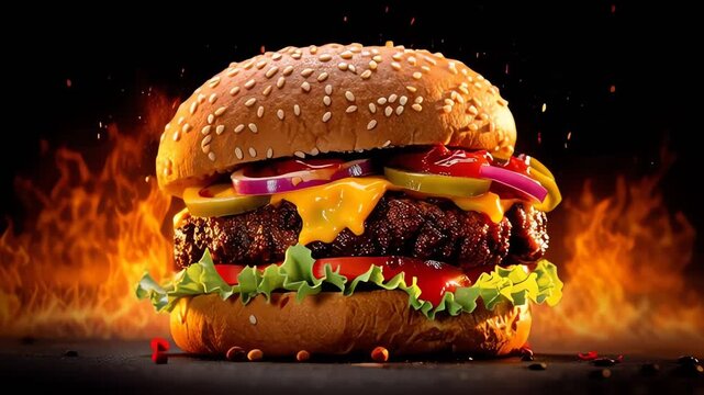 Hot and Spicy Cheeseburger with Fire Background Studio Shot