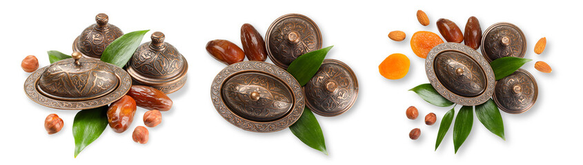 Obraz premium Set, Festive collection of dates and decorative items for Ramadan, PNG